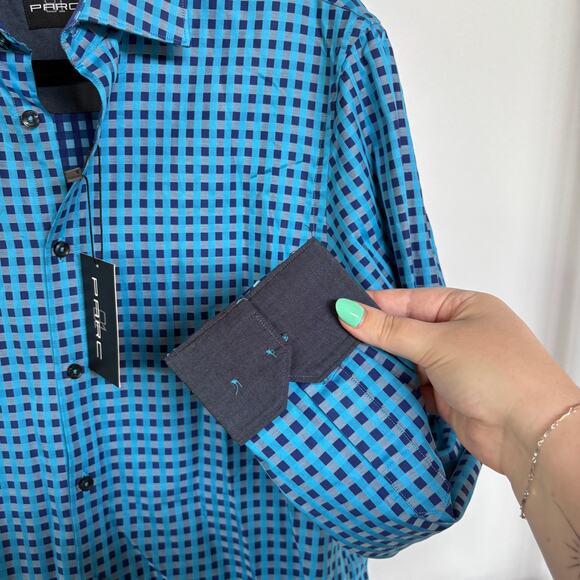 NWT Parc 81 Bright Blue Checkered Button Down Dress Shirt Career Mens Medium - Picture 6 of 7